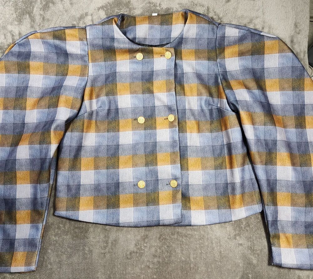 Victorian Blue Plaid Puff Sleeve Jacket Gold Button Double Breasted Cosplay L